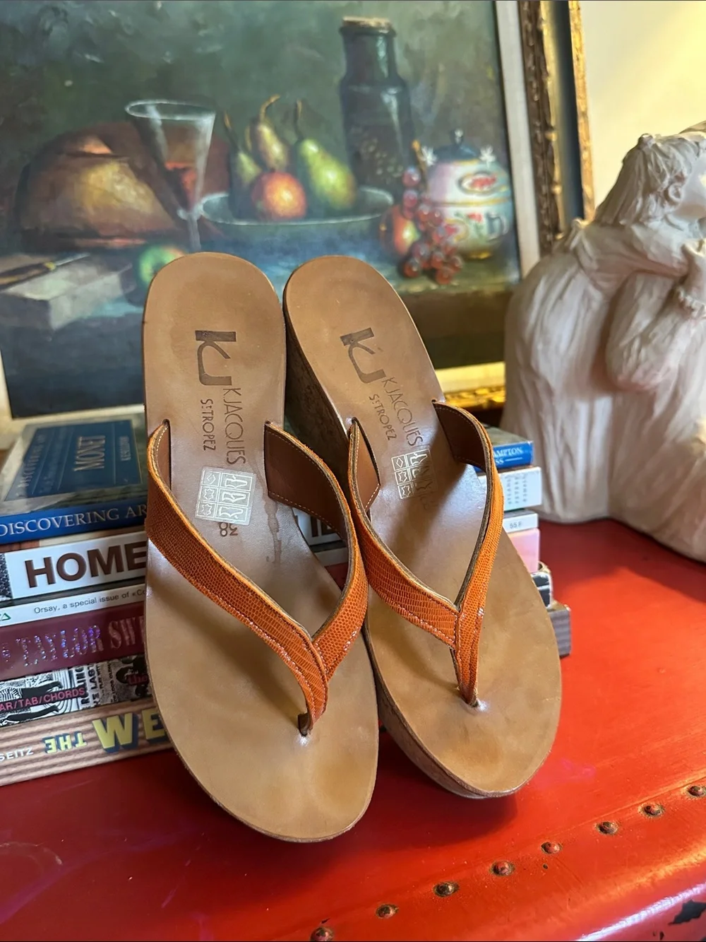 K.Jacques Orange Snake Cork Wedge Thong Sandals